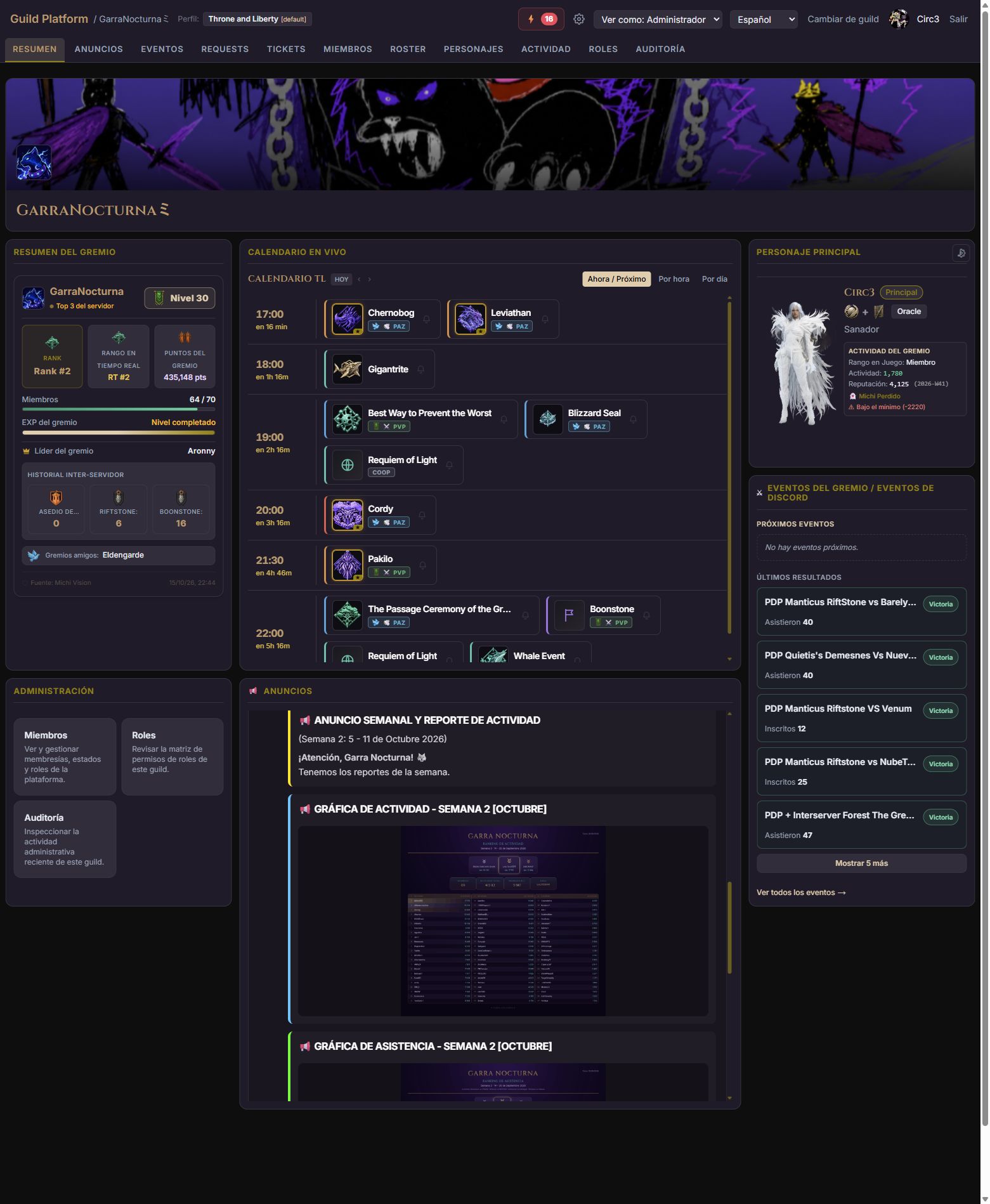 Captura completa del portal en el perfil Throne and Liberty de GarraNocturna: resumen, calendario, personaje, eventos y anuncios.